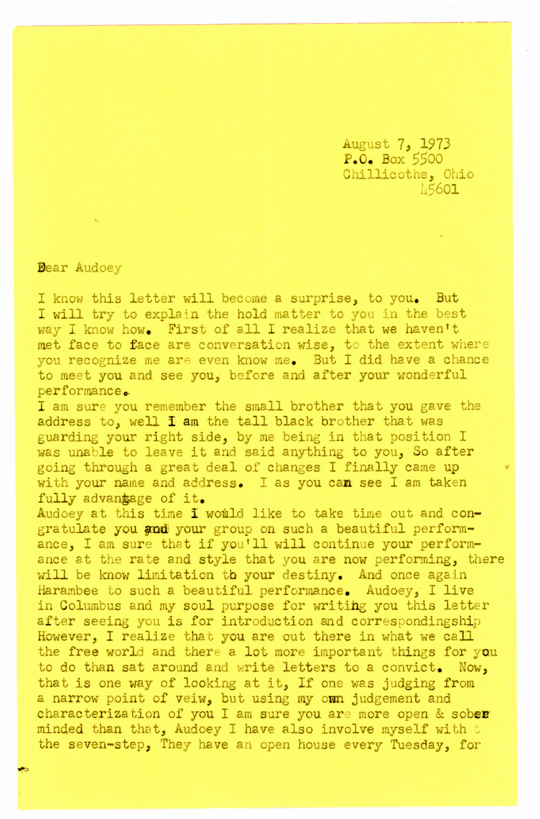 Correspondence from Arthur, a Black man imprisoned at Chillicothe Correctional Institution in Chillicothe, Ohio.